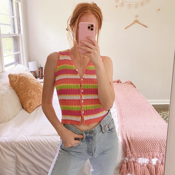 County Seat Tops - County Seat Sleeveless Striped Button Up Sweater